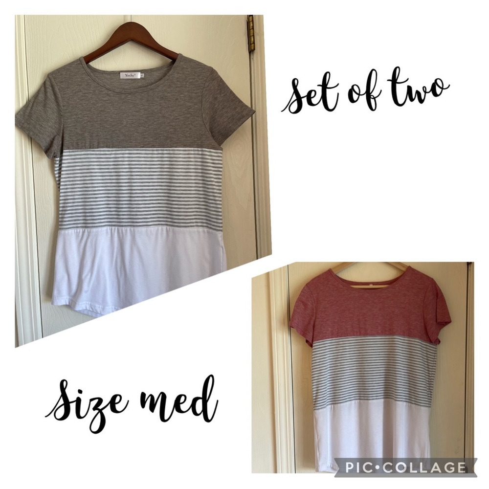 Set of two medium short sleeve striped t-shirts color block red and brown